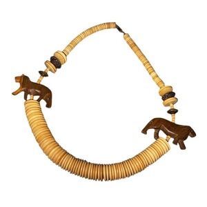 Vintage Hand Carved Wood Safari Animal Bead Necklace Lion Elephant Brown Tan